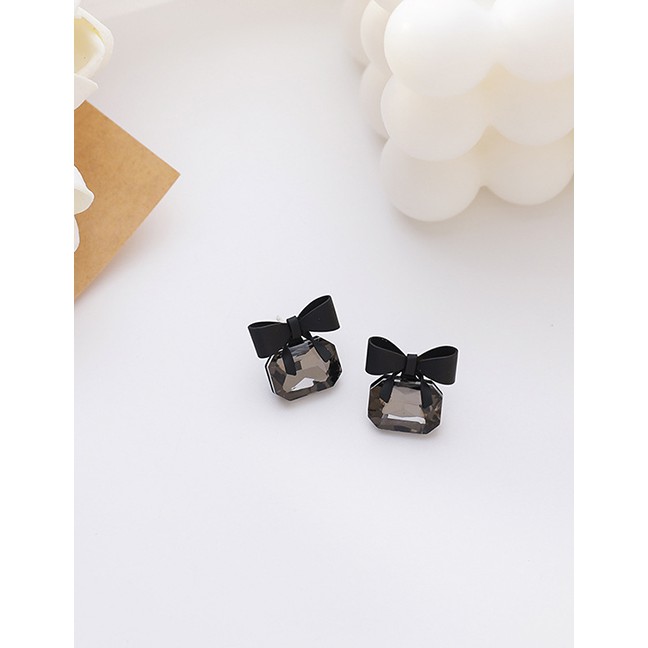 LRC Anting Tusuk Fashion Black Bowknot Crystal Alloy Earrings K70219