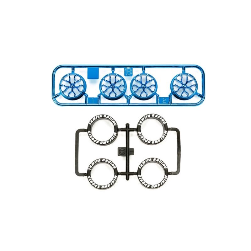 TAMIYA MEDIUM BLUE PLATED Y SPOKE WHEELS + SOFT TYRE - ITEM 95528