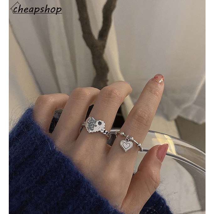 IFYOU 2pcs / set Cincin Silver Desain Love You Gaya Vintage Untuk Wanita