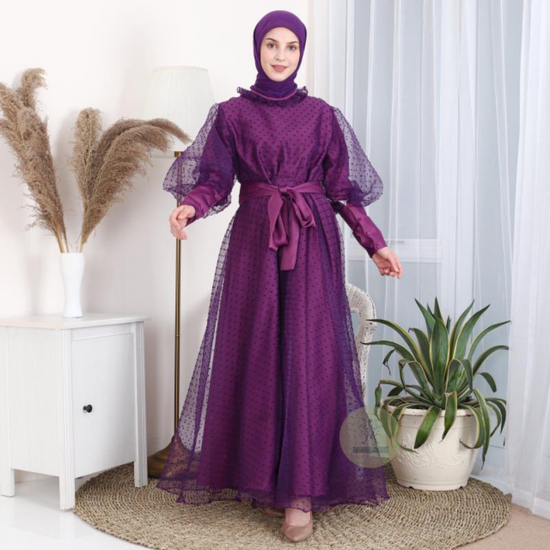 Gamis pesta baju lebaran untuk undangan Organza Dot