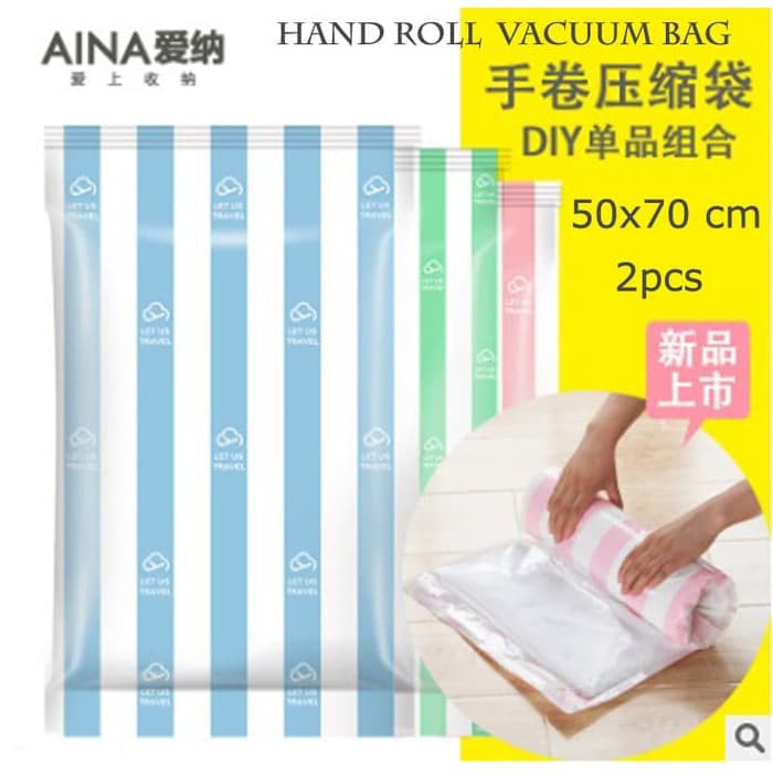 AINA Instant Vacuum Travel Pastic Bag Anti Ribet-Tinggal Gulung 2 pcs