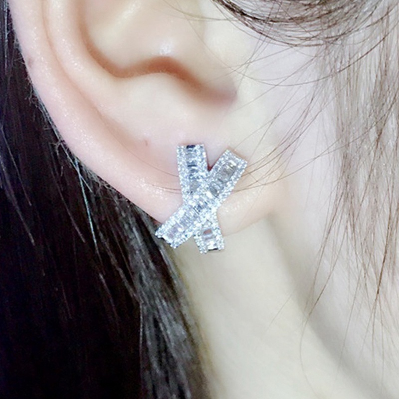 Anting Stud Cubic Zirconia Bentuk X Warna Putih Untuk Wanita