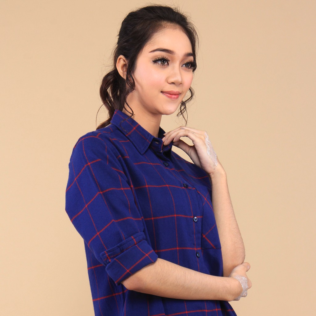 Benhill Kemeja Tunik Flannel Wanita Motif Kotak. Biru  Art.0584-11336