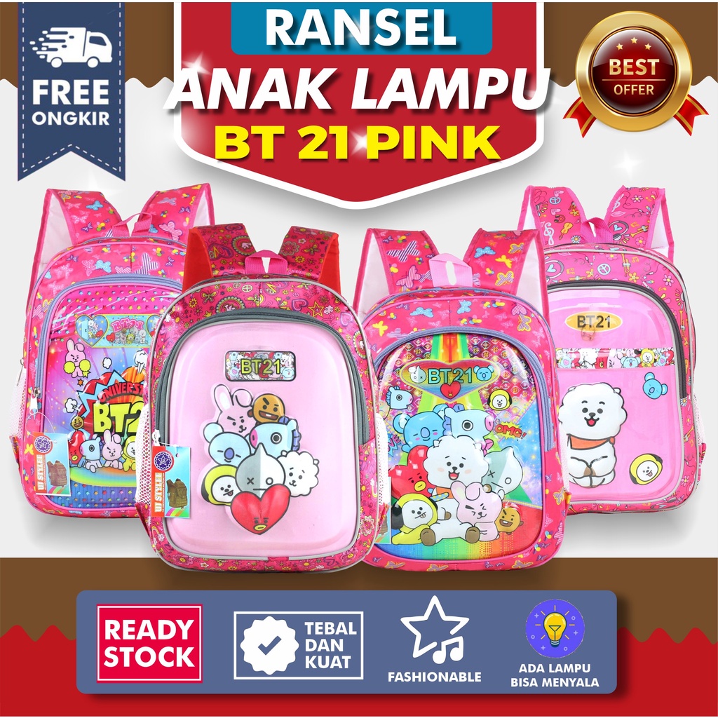 Tas Sekolah Anak Perempuan TK Lampu BT-21 Pink Paud  Gambar Kartun Karakter Terbaru Lucu Premium SD SMP Mini Murah BT21 Motif Karakter Berkualitas