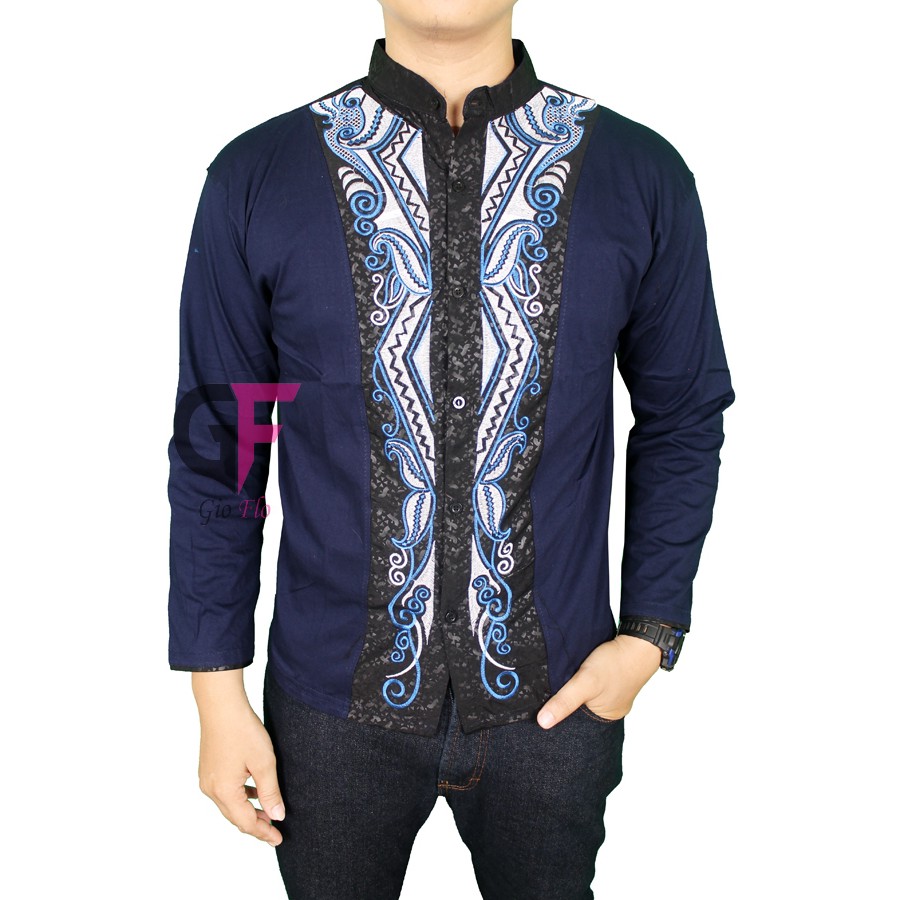 GIOFLO Baju Etnik Modern Kemeja Muslimin Pria Lengan Panjang Navy Blue / KKL 11