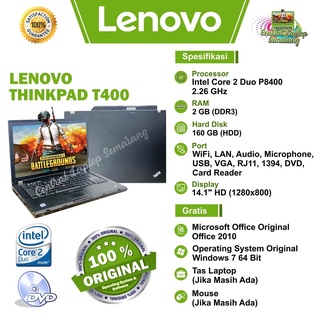 LaptopUjian,Lenovo T400,Core2Duo,Ram2GB,HDD160GB,Kamera,DVD,Design,Win7x64 activated,LangsungPakai