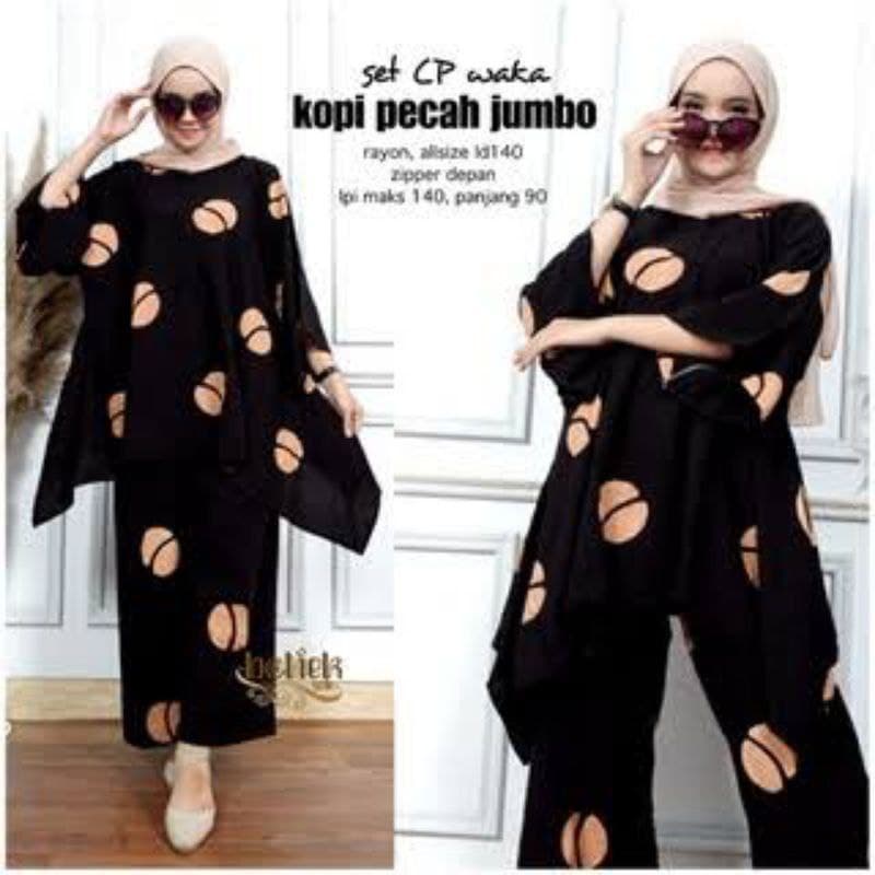 Setelan Rayon Jumbo/ One Set Rena Set Waka-Waka Motif Kopi || diallo setelan waka waka motif kopi ld