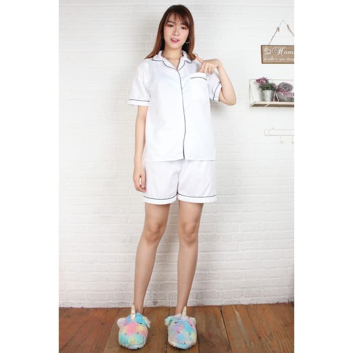 COXce SATIN EMBOS PP BAJU TIDUR WANITA DEWASA PIYAMA CEWEK CELANA PENDEK - Putih