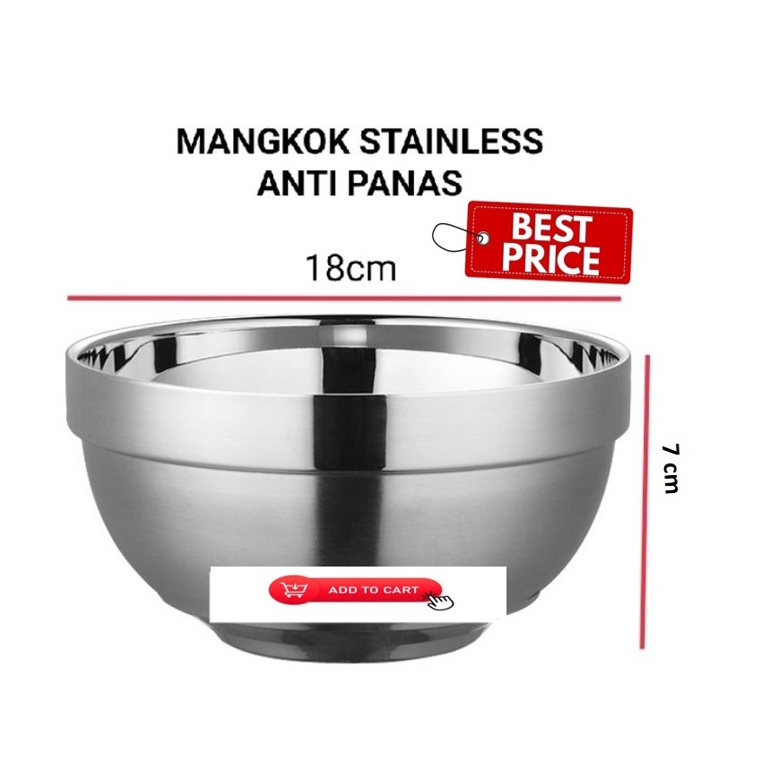 Mangkok Dua Lapis Anti Panas Stainless Steel Polos 14 cm, 16 cm, 18 cm