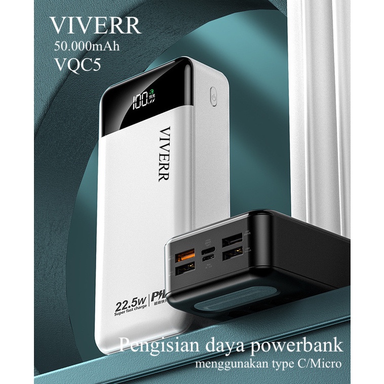 Powerbank VIVERR Quick charging pengisian super cepat type VQC5 kapasitas 50.000mAh original real kapasitas garansi 1 tahun.