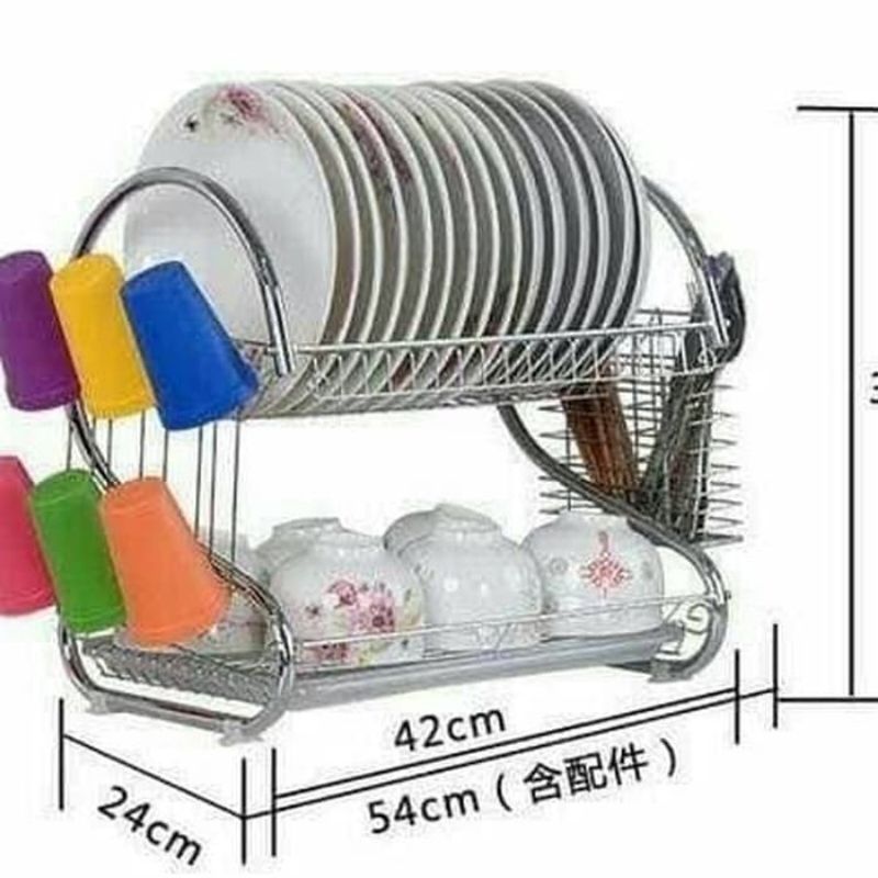 Rak piring Stenlis, 2 tingkat, kokoh anti karat