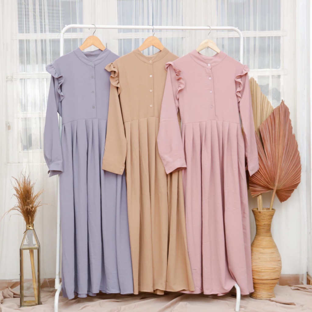 Shaly Midi Dress Ruffle | Dress Wanita Terlaris I Midi Dress Terkini I Bahan Crincle Premium