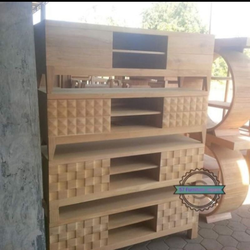 Meja tv bufet tamu minimalis panjang kayu jati mentahan