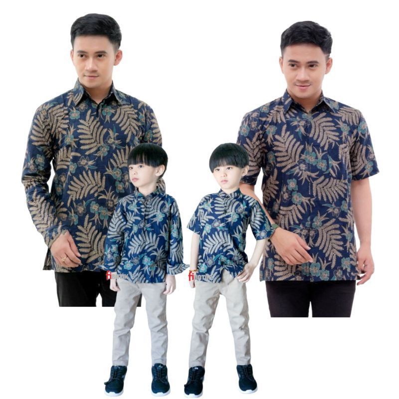 Batik Pria Couple Batik Ayah dan Anak Laki Laki Kemeja Batik Anak Cowok Motif PutriMalu Biru Navy