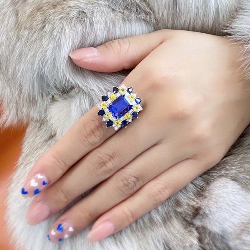 Cincin Bentuk Persegi Geometri Aksen Cubic Zirconia Warna Biru Gaya Eropa Amerika Untuk Wanita
