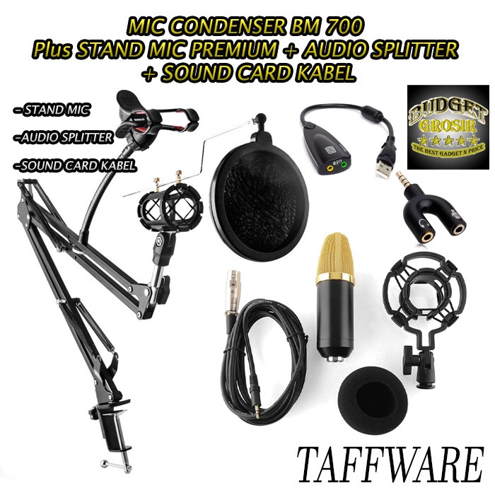 MIC CONDENSER BM 700  Plus STAND MIC PREMIUM + AUDIO SPLITTER  + SOUND CARD KABEL