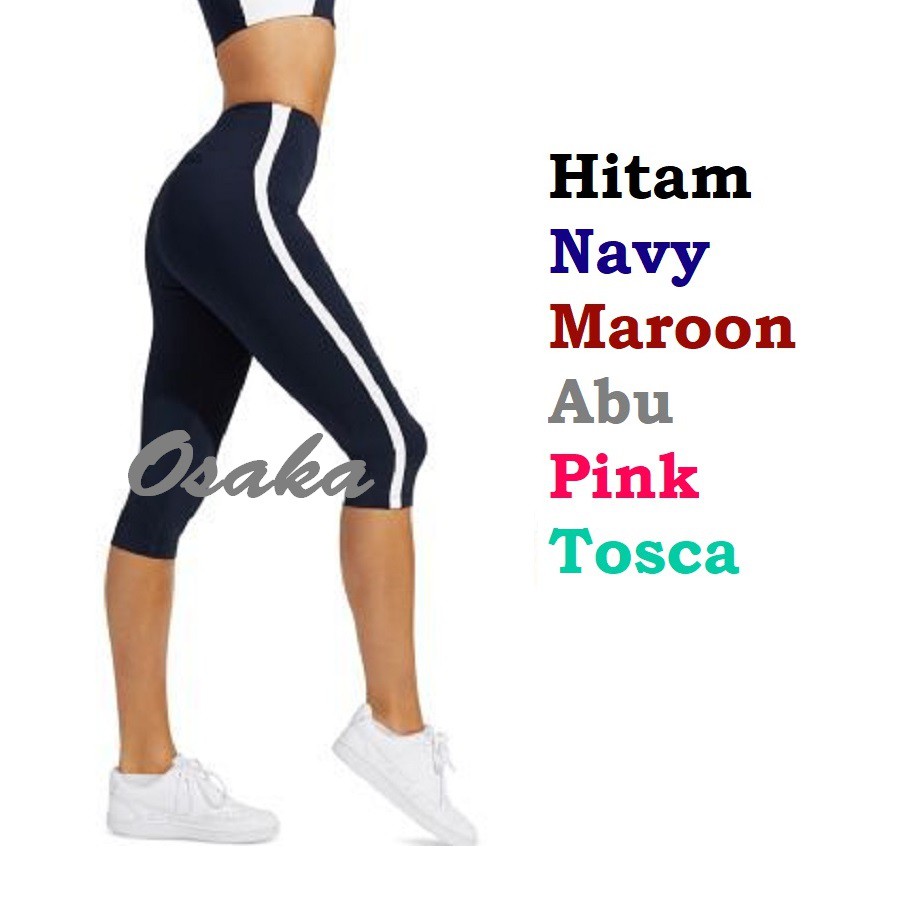 Celana Legging 3/4 Garis Putih bahan ADEM Leging Sport wanita S M L XL JUMBO Lejing Pendek Korea Kekinian