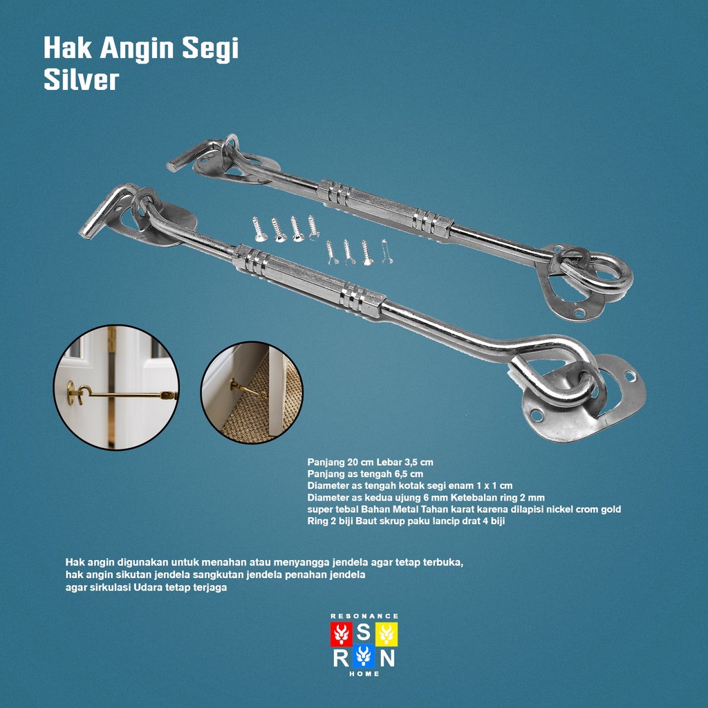 Hak Angin Segi Silver 20cm / WIndow Hook Resonance Home