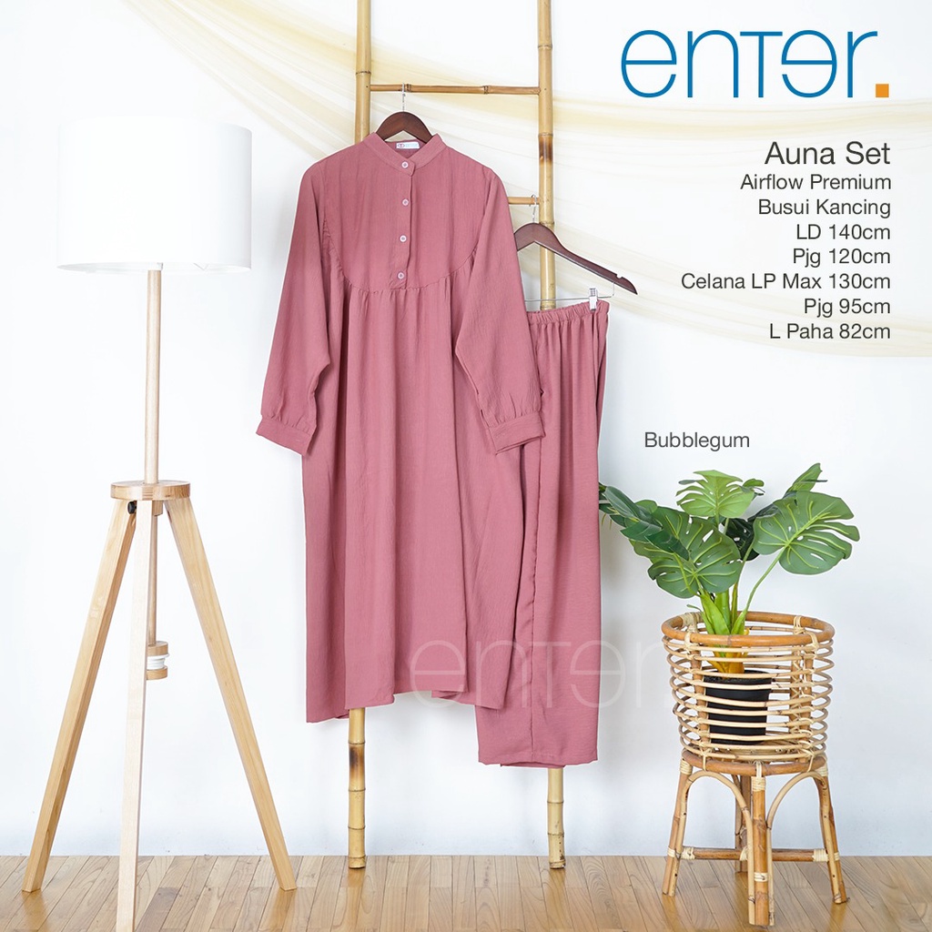 Enter Auna Set Stelan Wanita Kekinian One Set Crinkle Airflow Baju Setelan Jumbo LD 140 Setcel Long Tunik Busui-Bubblegum