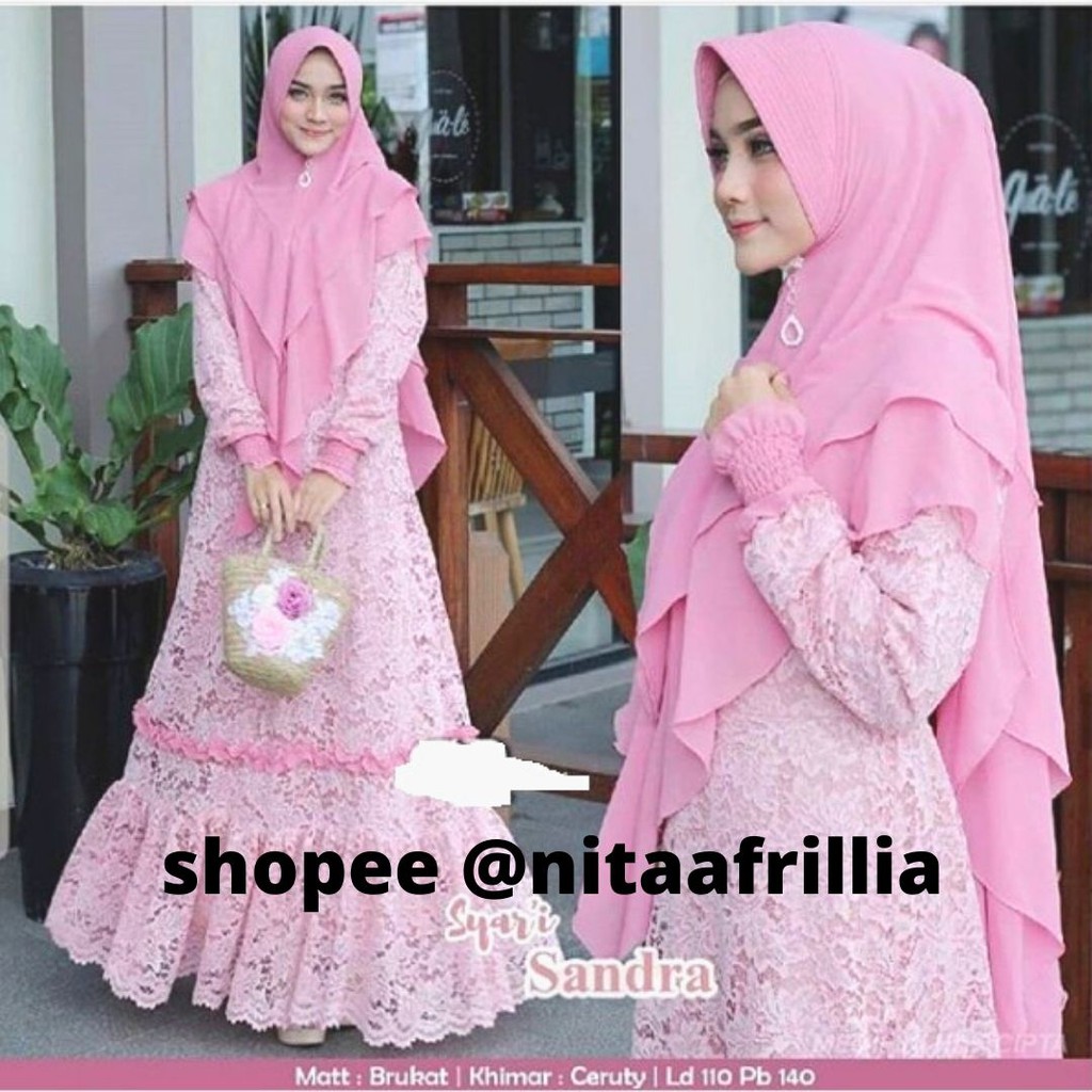 Gamis Sandra Brokat Set Khimar Bahan Ceruty Babydoll Baju Muslim Brukat Untuk Orang Gemuk Big Size Shopee Indonesia