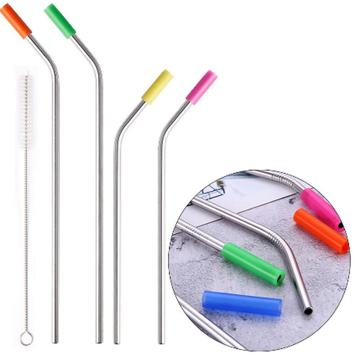 Stainless Steel Bend Straws+Silicone Case+Cleaner Brush (5pcs)