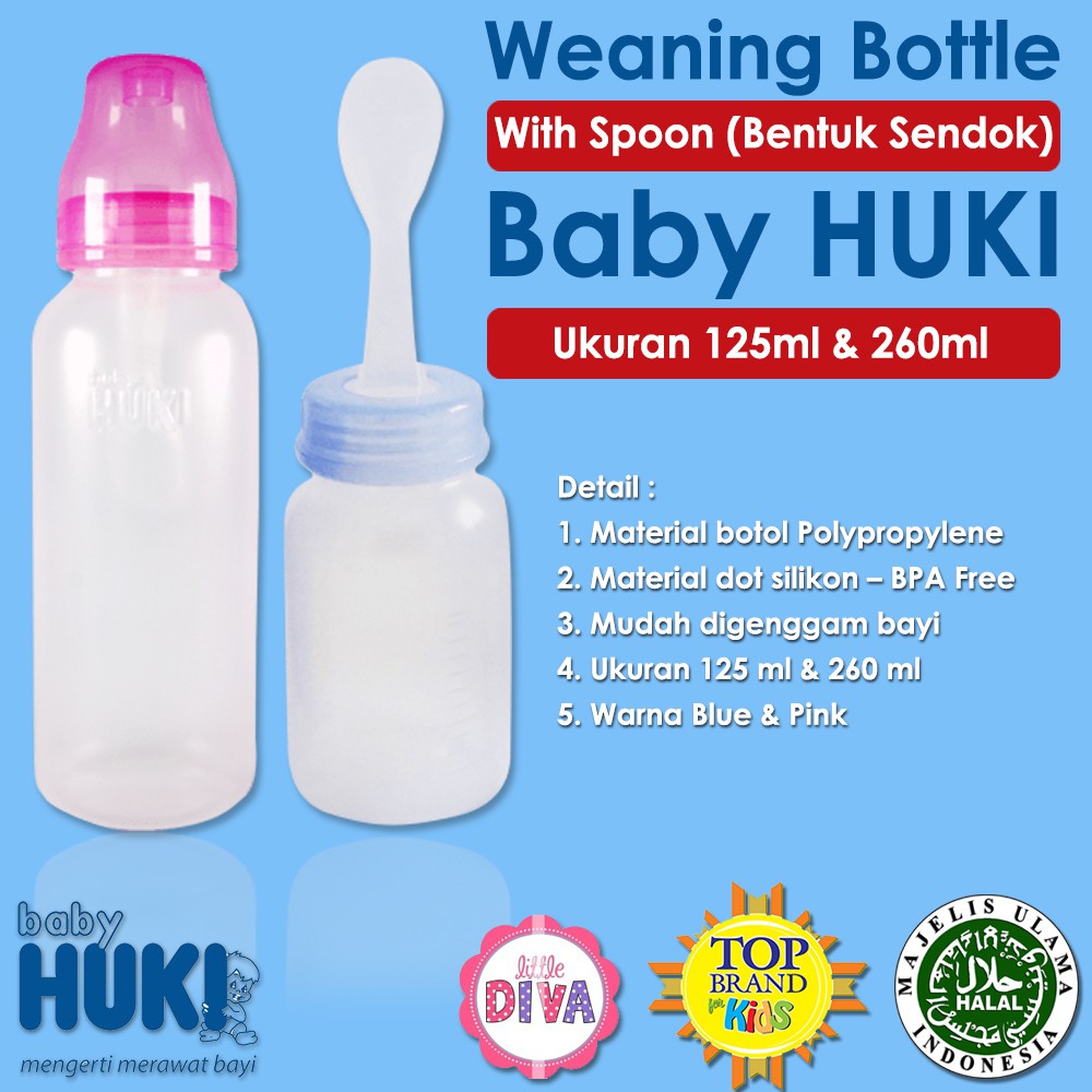 90ml, 125ml, 260ml  BABY HUKI WEANING BOTTLE WITH SPOON -Botol Sendok Susu Bayi  Mpasi belajar makan chn