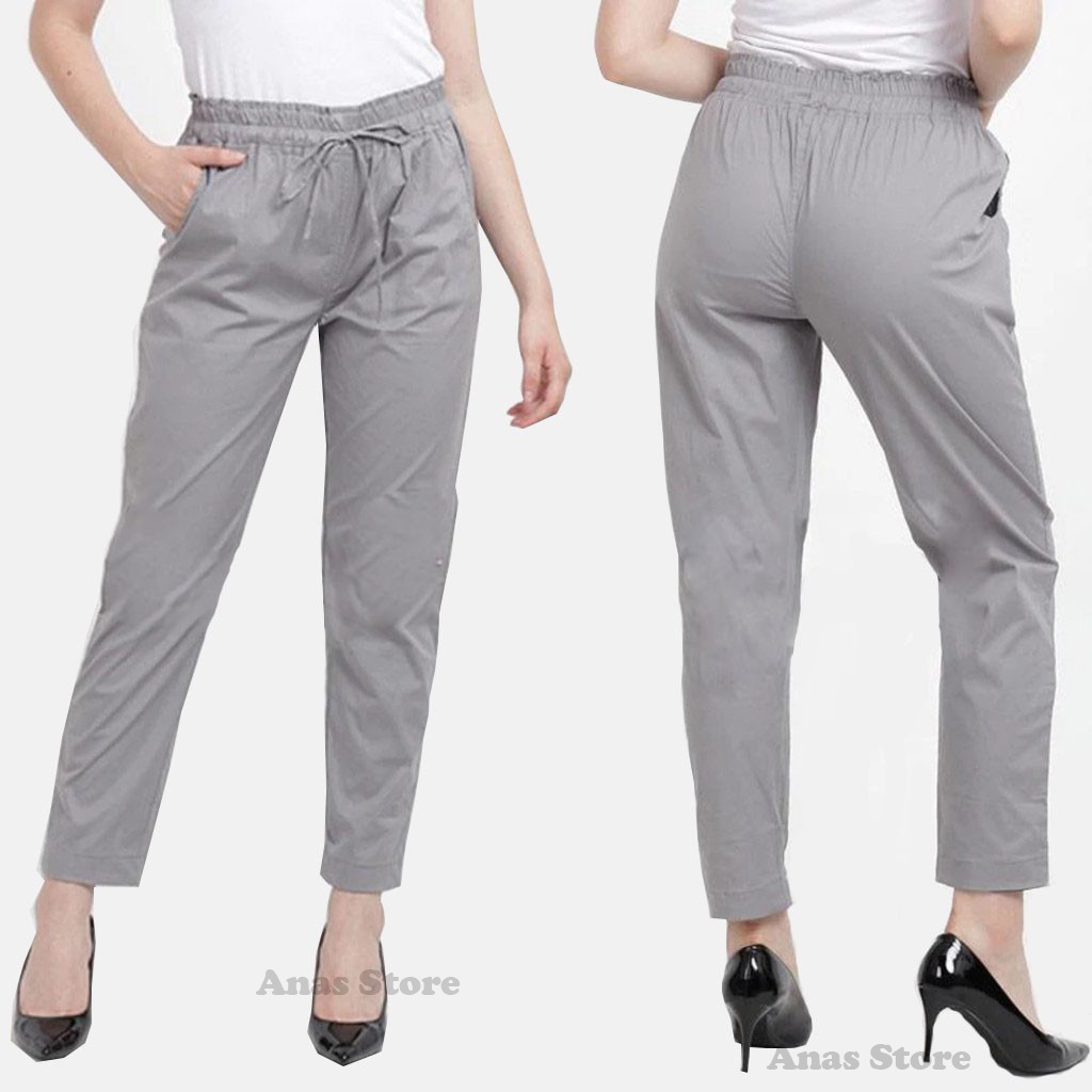 Celana Panjang Wanita Basic Pants Katun Stretch Tali Pinggang Karet Bahan Melar Tidak Kaku