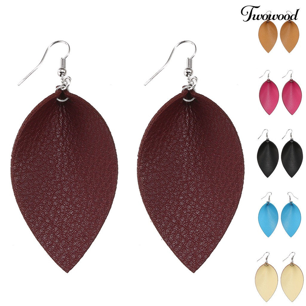 Twowood 1 Pair Hook Earrings Leaf Shape Ethnic Style Faux Leather Plant Shape Lightweight Dangle Earrings for Wedding