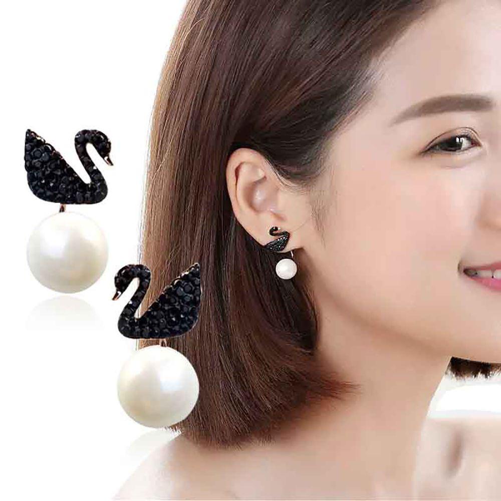 [Elegan] Anting Swan Temperamen Jumbai Mutiara Sederhana Berlian Imitasi Gadis Perempuan Drop Earrings