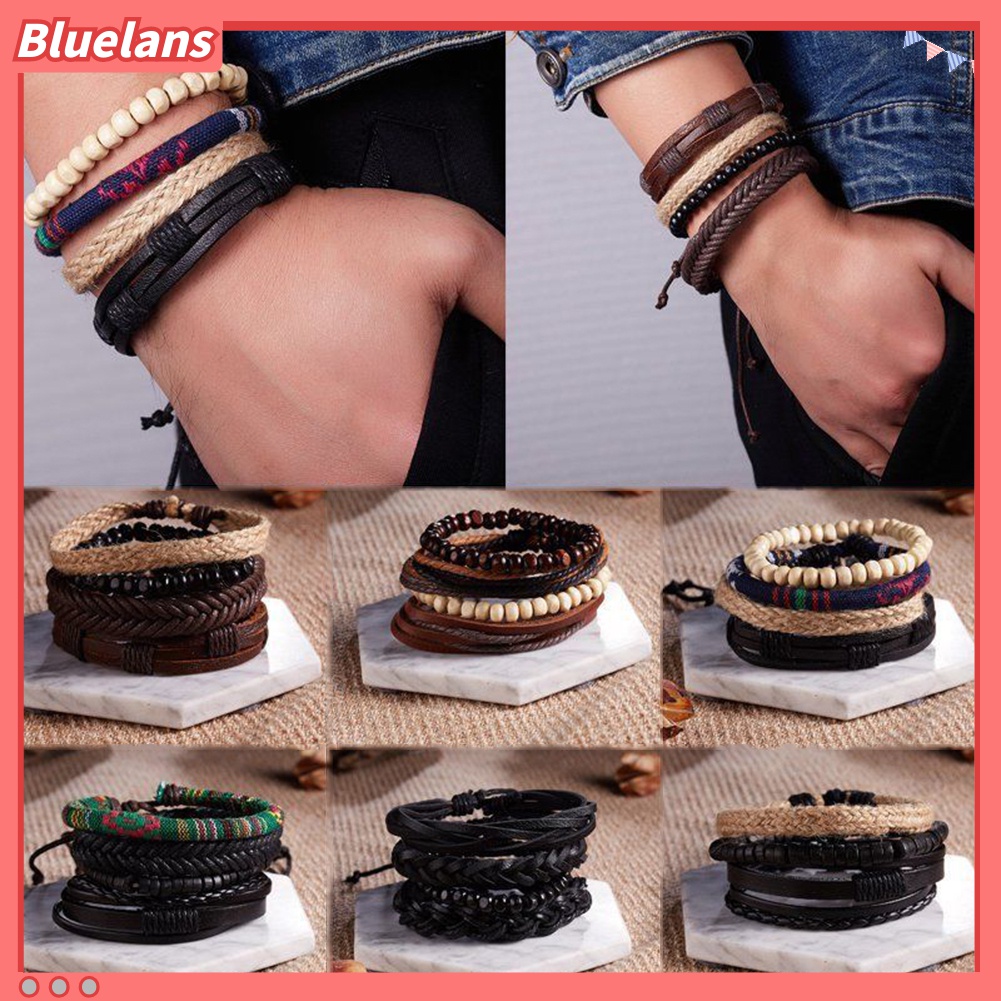 4pcs / Set Gelang Manik-Manik Bahan Kulit Imitasi Gaya Vintage Untuk Pria