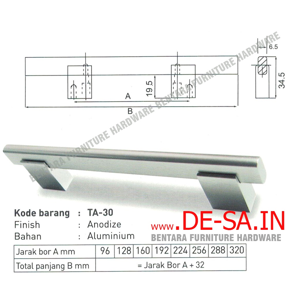 Huben TA-30 192 MM - Tarikan Laci Meja Lemari Kabinet Gagang Pintu Handle Aluminium Anodize Meja Lemari Kabinet (Sekitar 19 - 20 - 21 - 22 cm )