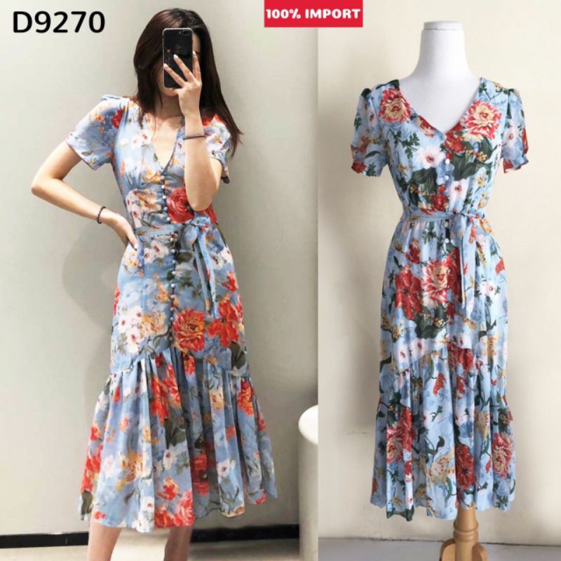 IMPORT  Blue Open Hem Floral Dress D9270