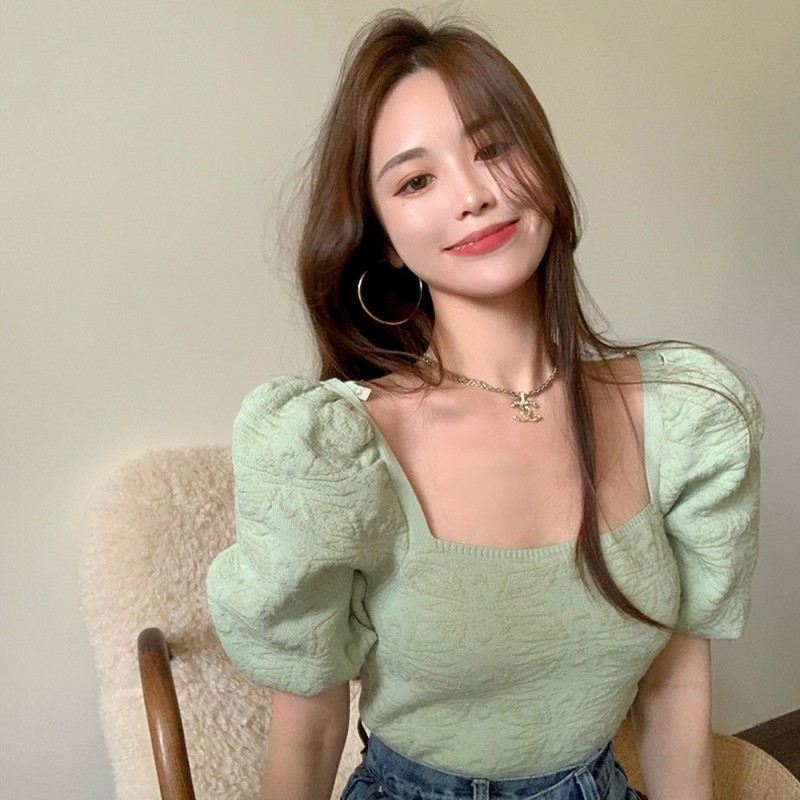 Baru Jacquard Puff Sleeve Retro Square Kerah Pendek Top Wanita Fit Ramping Pelangsing Sweater 3ccH