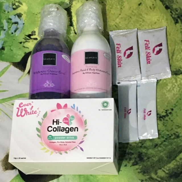PAKET 2 BOTOL SCARLETT+1 Box EVERWHITE HI-COLLAGEN Powder DRINK