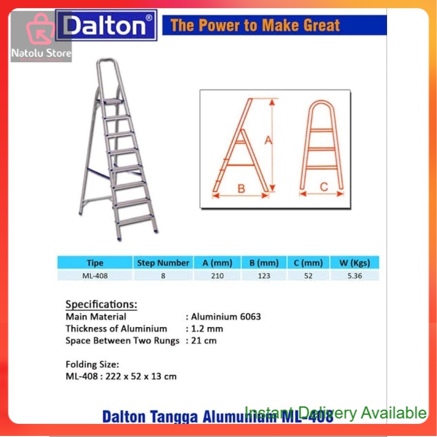 Tangga Lipat Aluminium DALTON ML-408 Ladder Alu 8 Steps 2.1M Original

