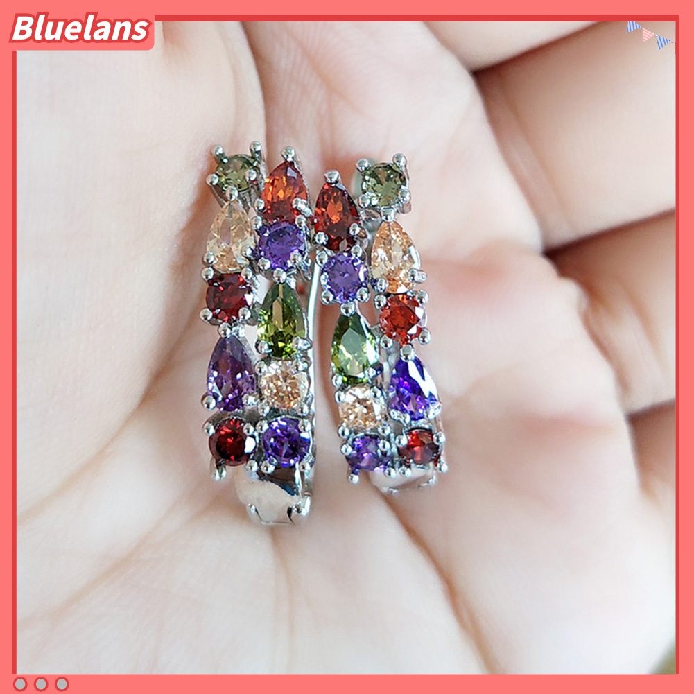 Anting Stud Cubic Zirconia Zamrud Tiruan Multicolor Untuk Wanita