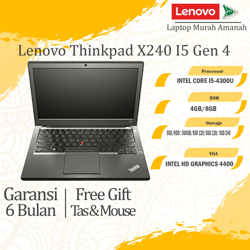 laptop lenovo thinkpad x240 i5 gen 4 ram 8gb ssd 256gb mulus ori bergaransi