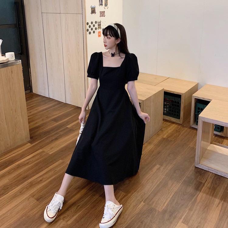 Toply shop Dres Amira korea style Lengan pendek gaun midi A line hitam