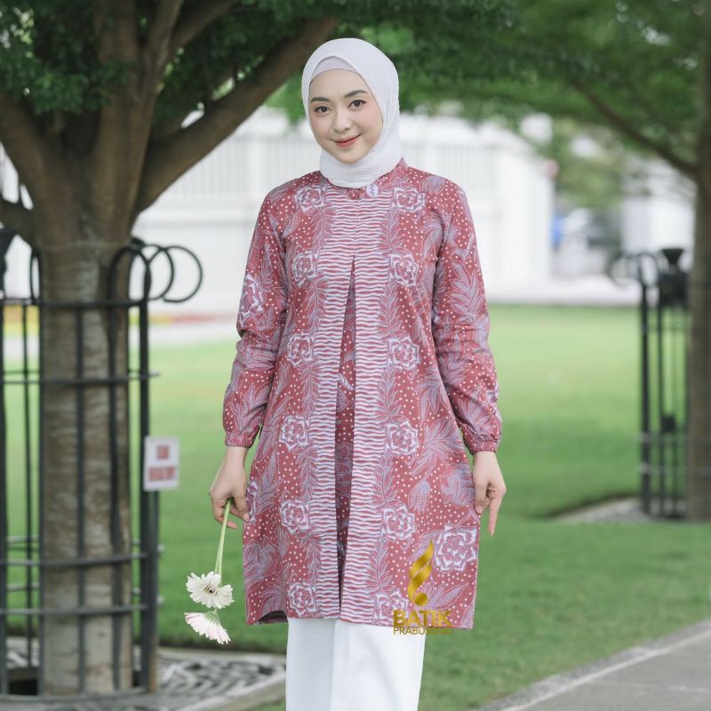 TUNIK MOTIF AISHA PINK ATASAN BATIK WANITA LENGAN PANJANG KATUN PRINTING BATIK PRABUSENO ORIGINAL