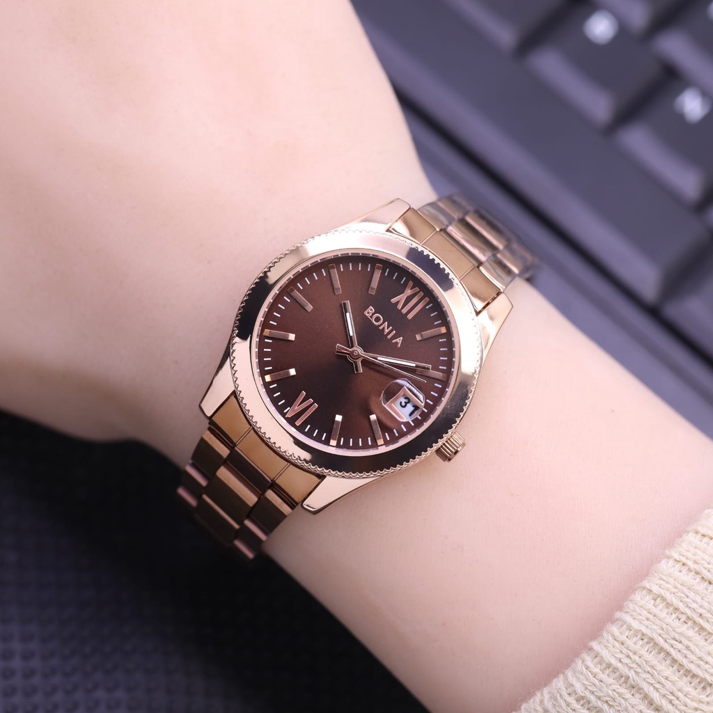 BEST SELLER JAM TANGAN WANITA BONIA FM85 TALI RANTAI TANGGAL AKTIF DM 3.0CM FREE BOX || JAM TANGAN WANITA FASHION WANITA BONIA