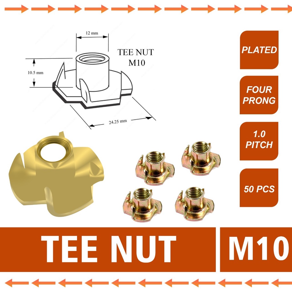Tee Nut /T-Nut M10 - 12 mm (Mur Tanam Kayu) - 100 pcs
