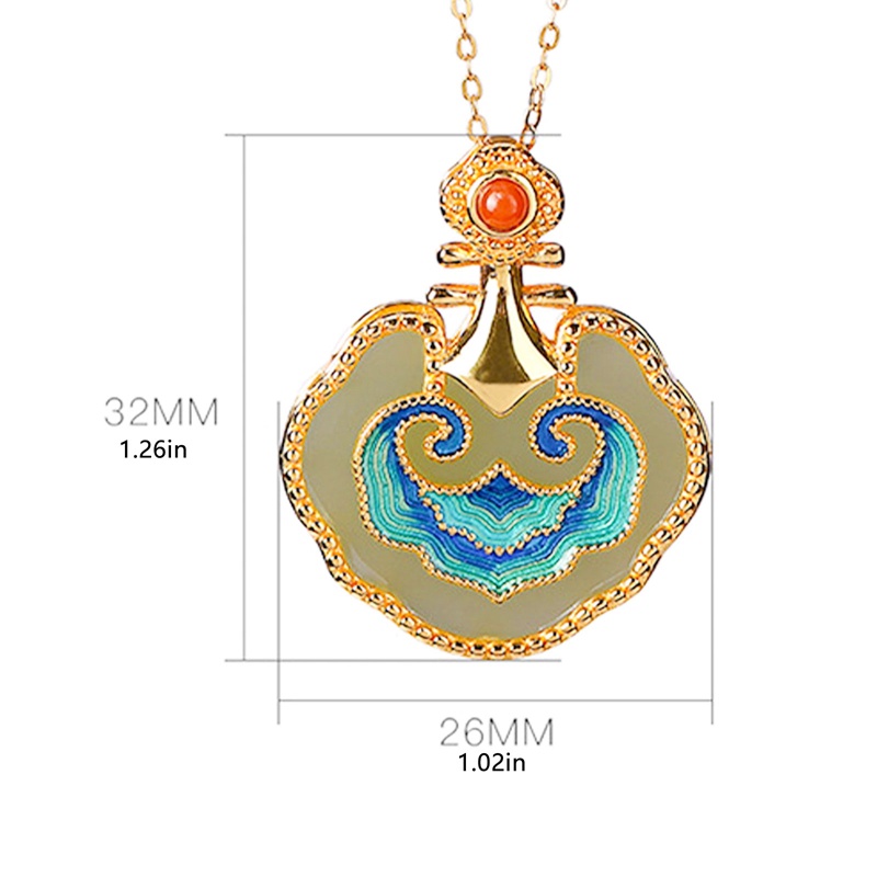 Kalung Lapis Emas Sterling Silver Dengan Liontin Batu Giok Hetian Cloisonne Ruyi