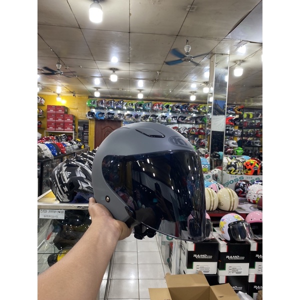 PAKET GANTENG  KYT HELM DJ MAXI GORILLA GREY DOFF - FLAT VISOR IRIDIUM KYT - HALF FACE DOUBLE VISOR-Helm+smoke