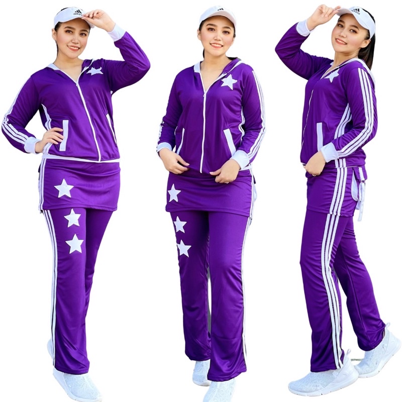 Set Baju  Rok Bintang Ungu List Putih Setelan Senam Gym Gowes Cycling Training Muslim
