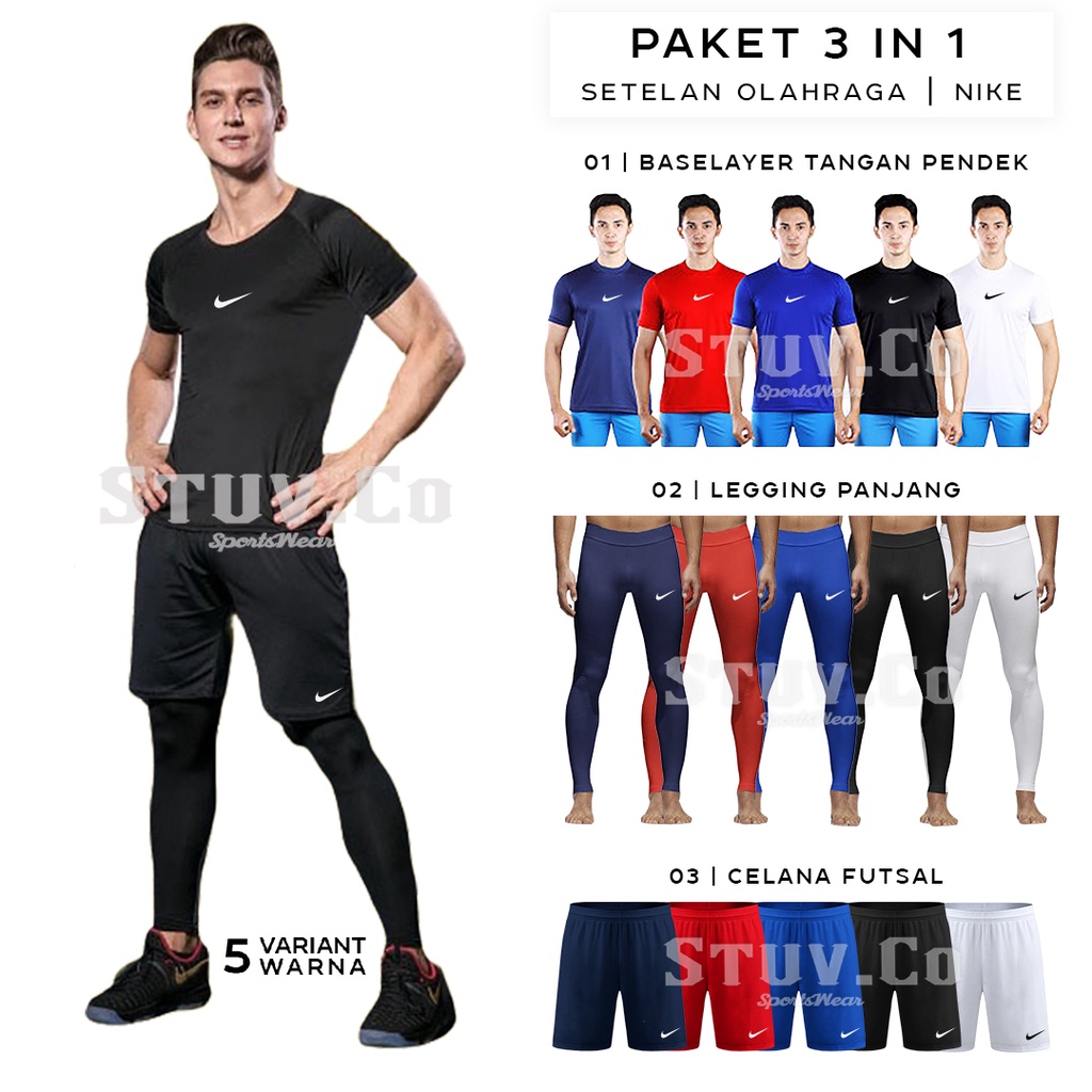 PAKET STELAN OLAHRAGA MANSET BASELAYER TANGAN PENDEK LEGGING PANJANG DAN CELANA DRIFIT PRIA WANITA