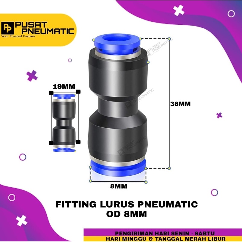Fitting Lurus PU 08 Selang 8mm ke Selang 8mm