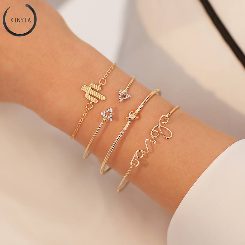 4Pcs/Set Women Gilr Gold Triangle Knot Love Cactus Opening Bangle Chain Bracelet