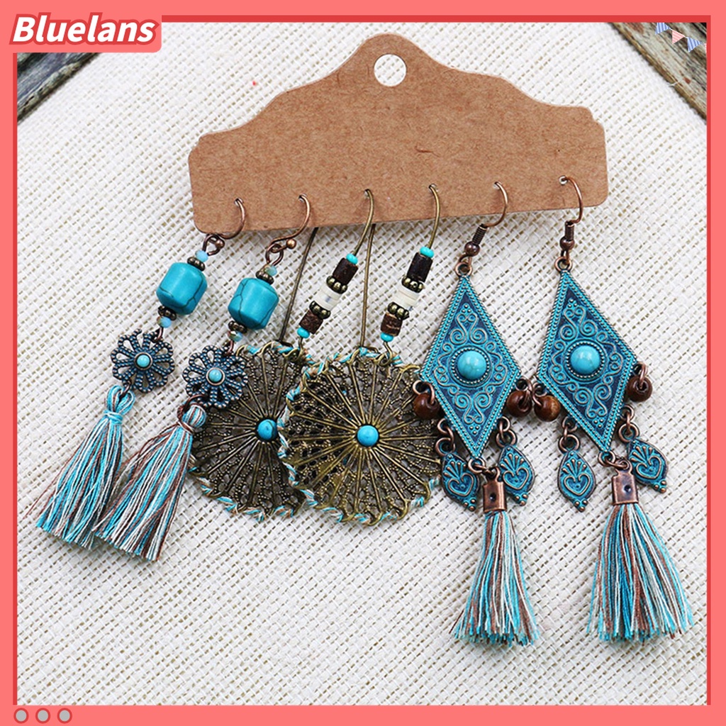 3 Pasang / Set Anting Kait Gantung Desain Geometri Hias Rumbai Bahan Alloy Gaya Bohemian Untuk Wanita