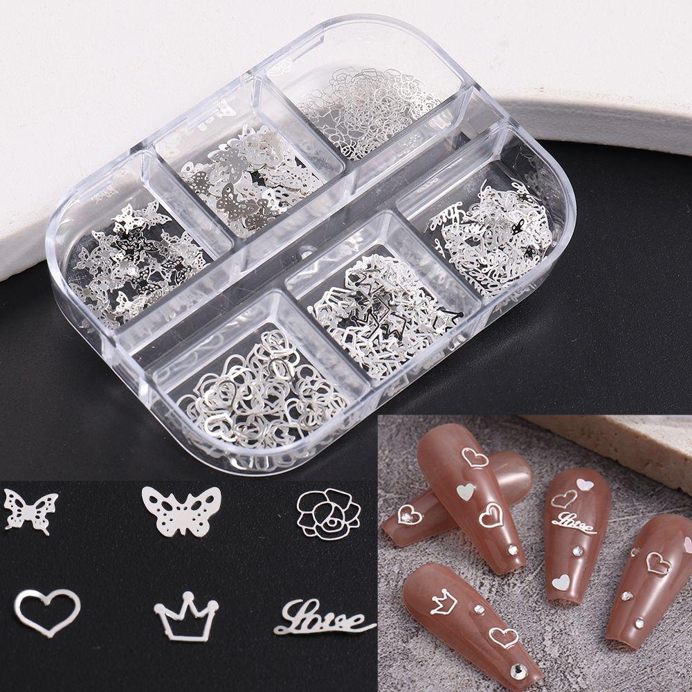 AUGUSTINA Agustina Rivet Aksesoris Kuku Perak 6kisi 3D Perhiasan Kuku Hati Bunga Kupu-Kupu Manicure Nail Art Dekorasi