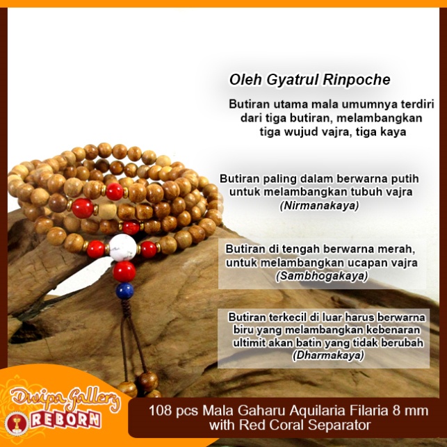 Tasbih / Mala Buddha 108 Kayu Gaharu Merauke 8mm with Red Coral